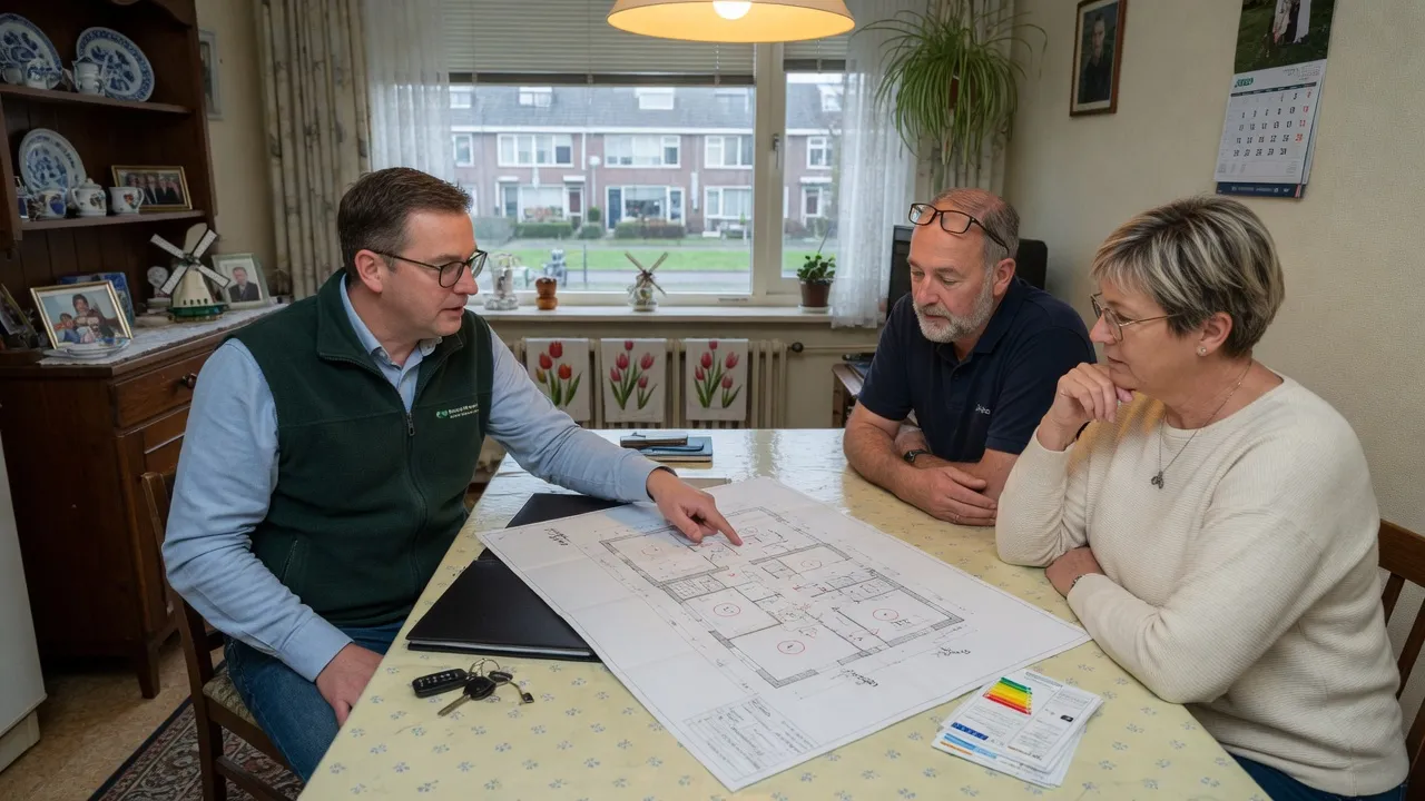Adviseur bespreekt de isolatiemogelijkheden met bewoners aan de keukentafel