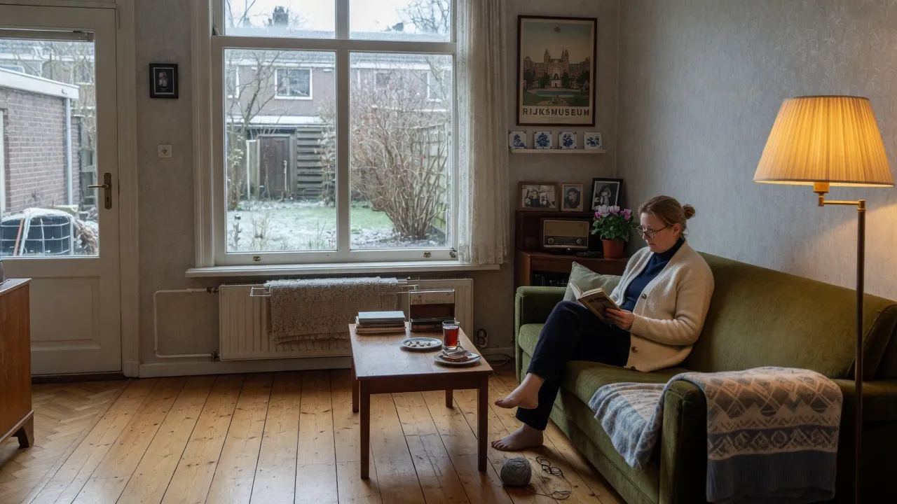 Warme woonkamer in de winter met een bewoner op de bank
