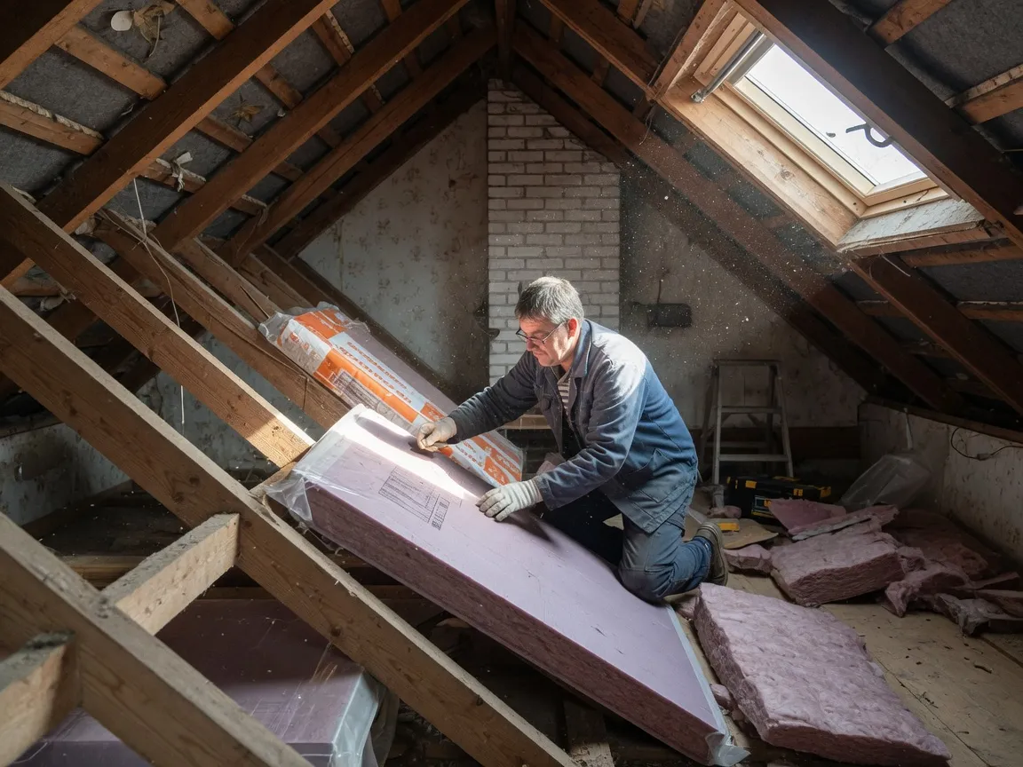 Isolatieplaten worden tussen de dakspanten op zolder aangebracht