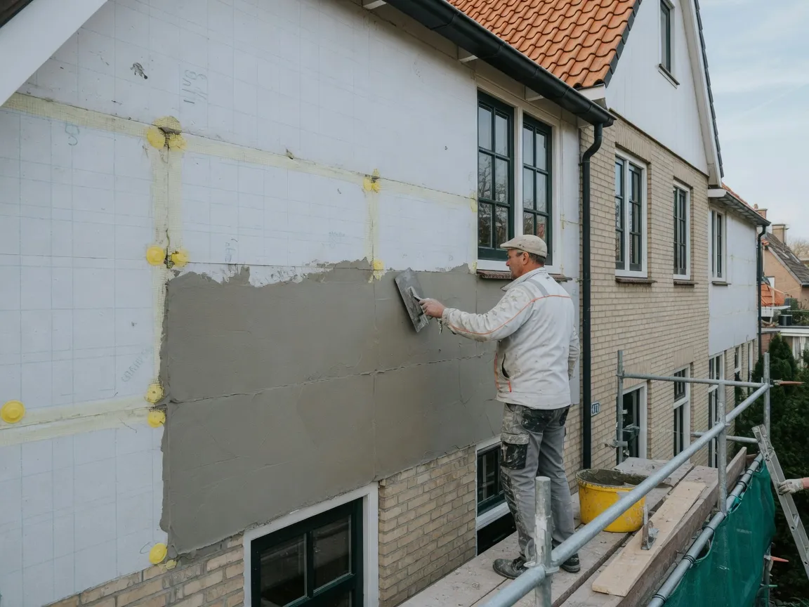 Stukadoor werkt de isolatieplaten op de buitengevel af met een pleisterlaag