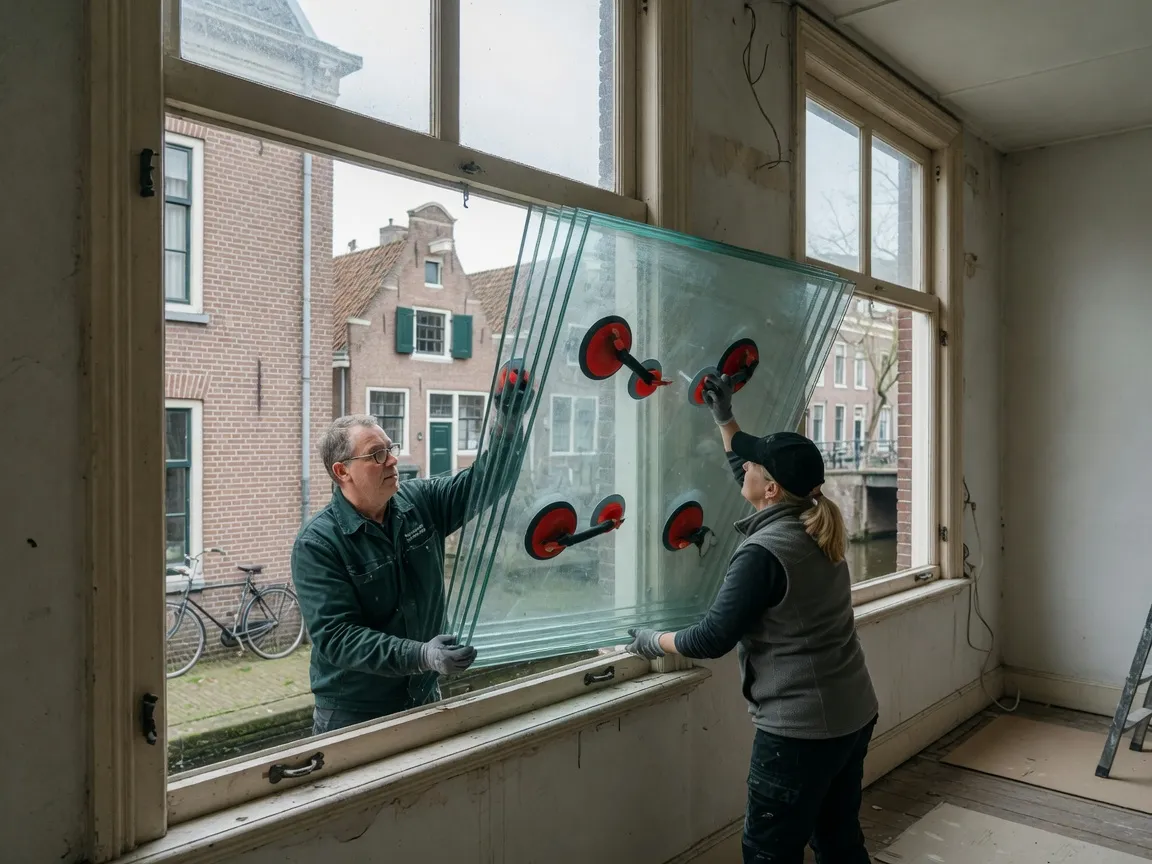 Twee glaszetters tillen een isolerende beglazingsruit in een houten kozijn