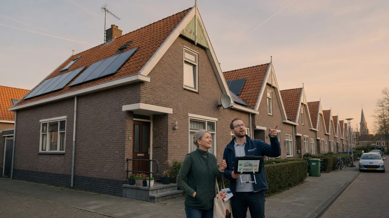 Adviseur en bewoner bekijken samen de gevel en het dak van een rijtjeswoning