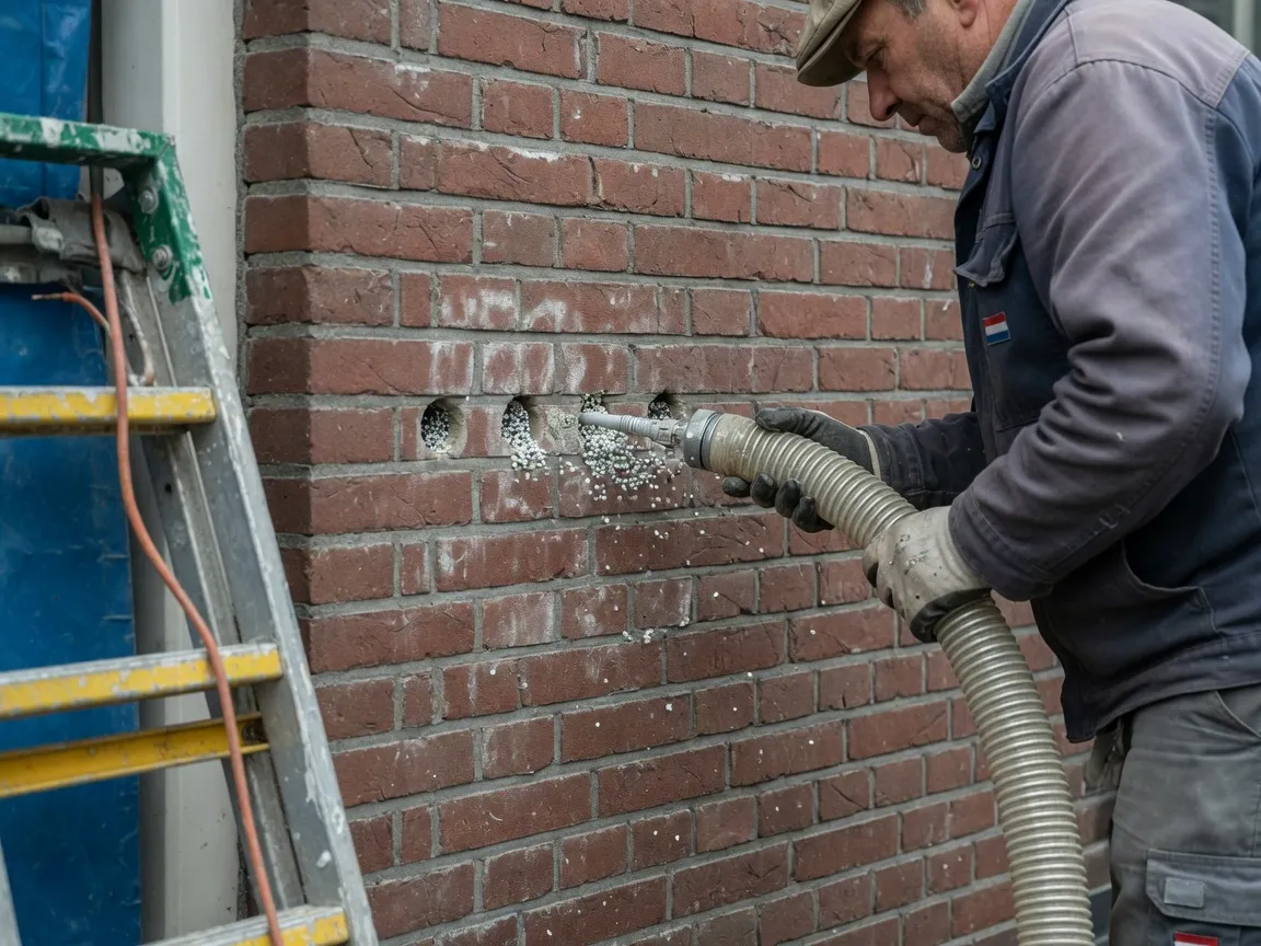 Vakman blaast isolatiekorrels via kleine gaatjes in de spouw van een bakstenen gevel