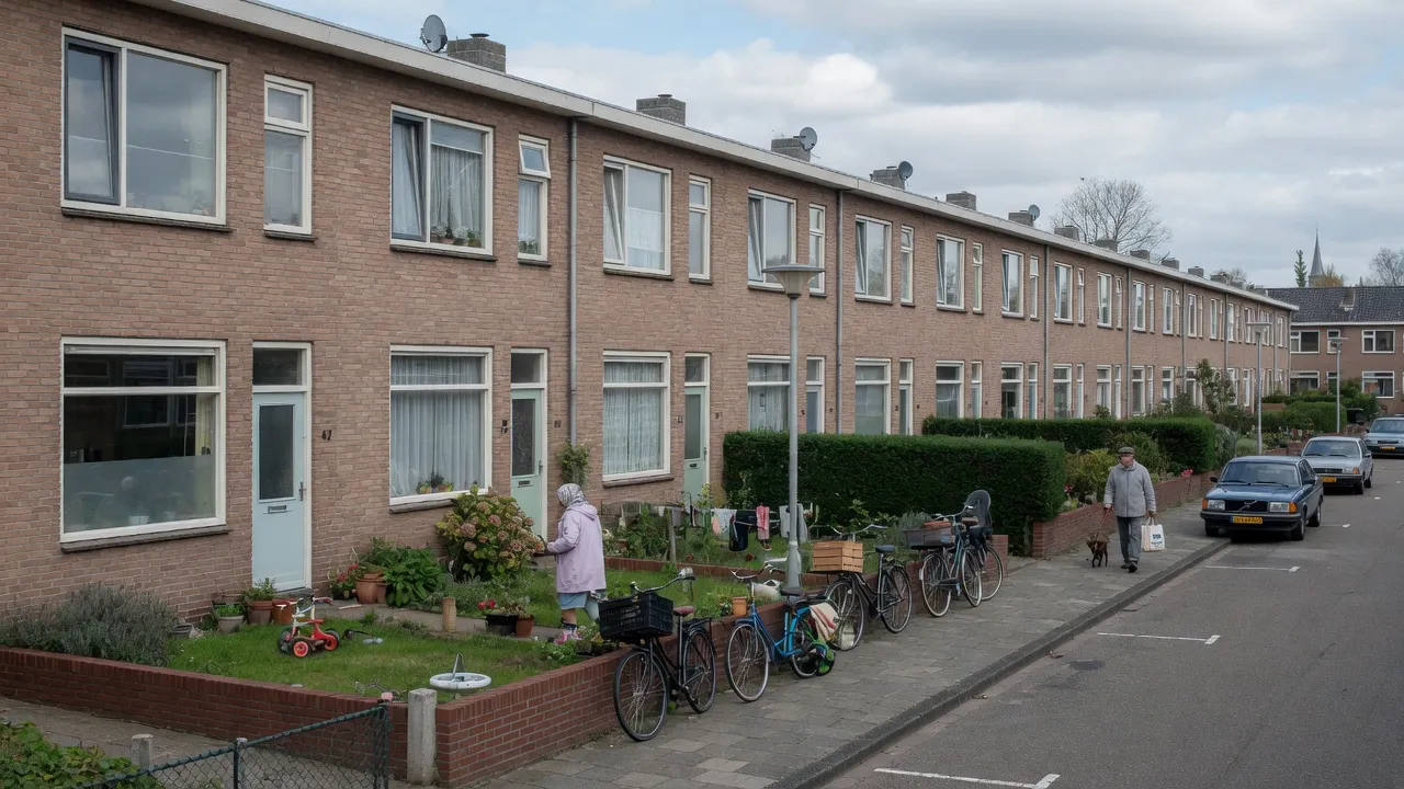 Rij bakstenen woningen uit de jaren zestig langs een rustige woonstraat