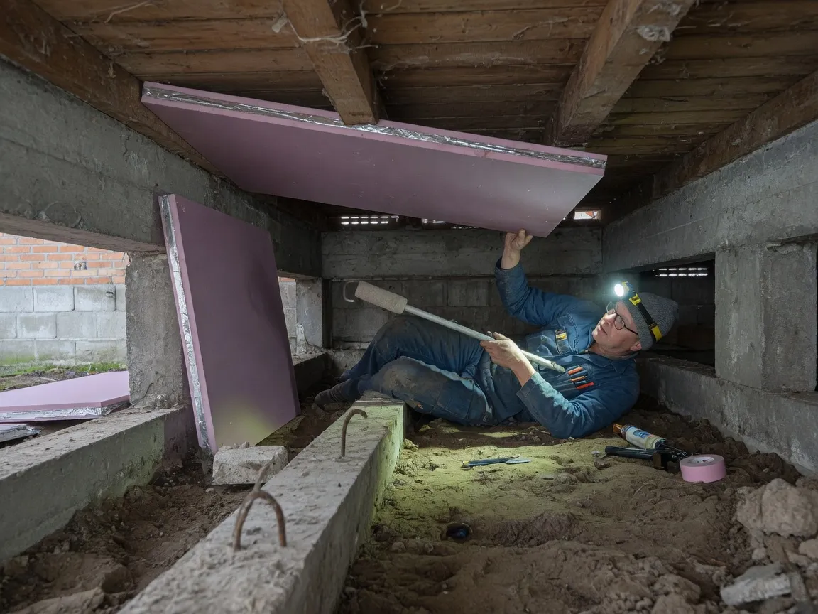 Vakman brengt isolatieplaten aan tegen de onderkant van de vloer in de kruipruimte